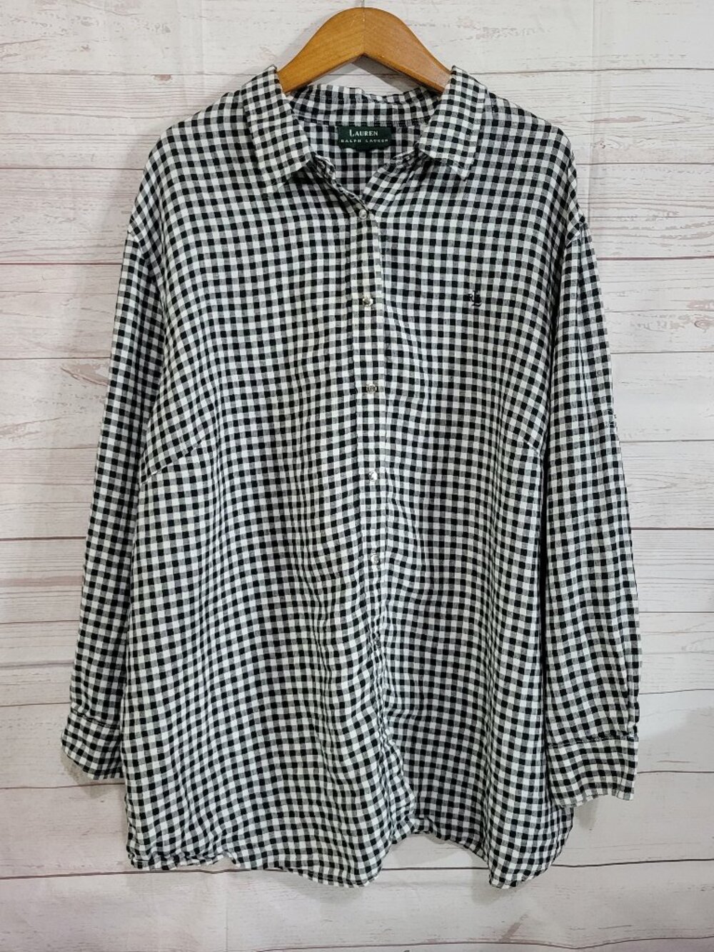 Lauren Ralph Lauren Gingham Snap Front Top Womens 3X Black White Farmhouse Chic